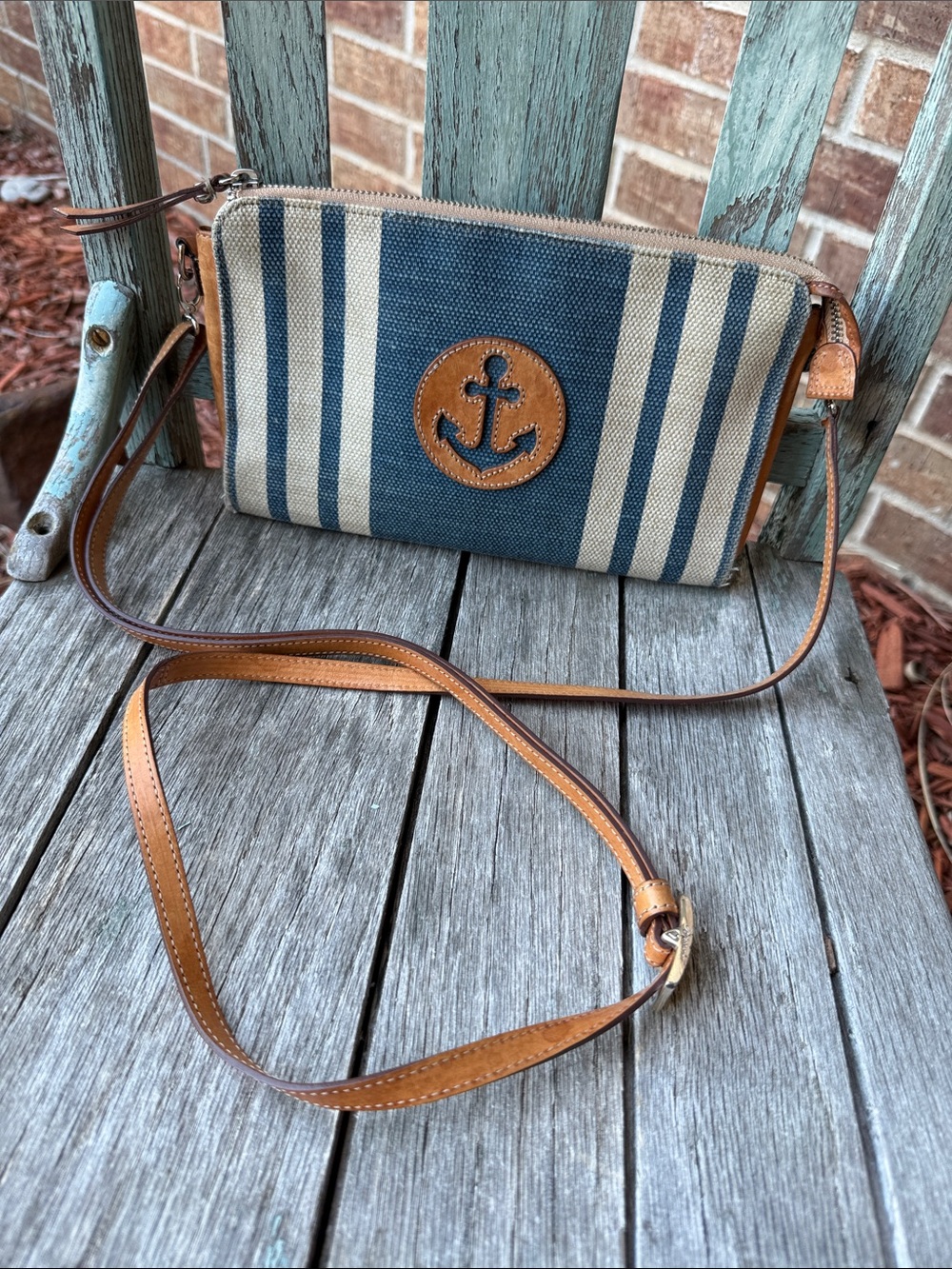 Brighton Vintage  Nautical ⚓️ Themed Crossbody Bag w/Blue & Cream & Leather